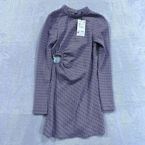 Zara‎ Cutout Back Dress XS Lilac Cinched Side Geometric Long Sleeve - Picture 1 of 9
